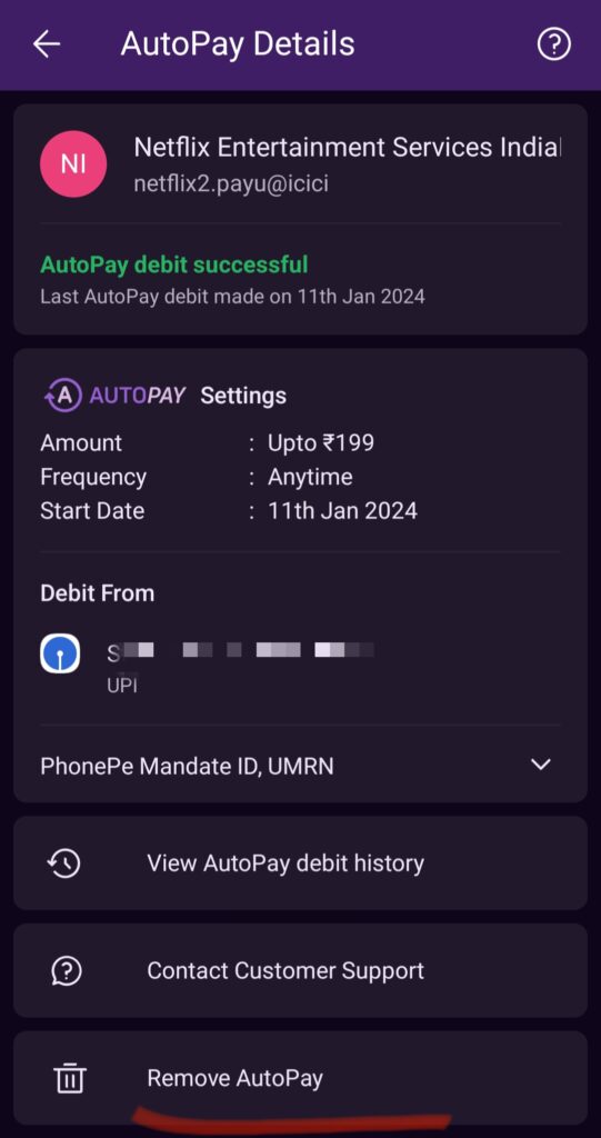 Remove autopay in phonepe